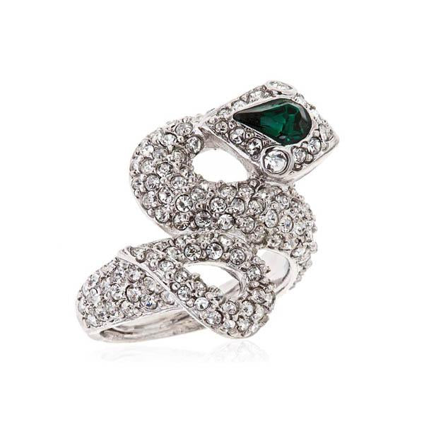 Kenneth Jay Lane Silver Emerald Snake Ring with Pave Crystal Stones