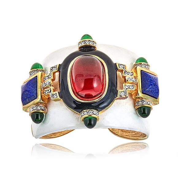 Kenneth Jay Lane White Enamel Ruby Cuff Bracelet with Lapis detail and emerald accents , hinged cuff