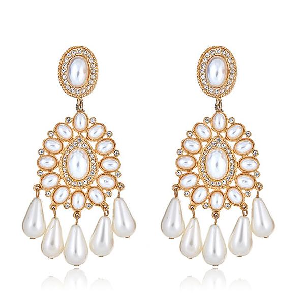 Kenneth Jay lane Globetrotter Chandelier  Pearl Earrings in clip on with pearl cabochons and pave detail