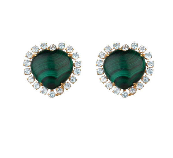 Bounkit Malachite Green Heart Earrings with Blue Topaz Faced Border, 1 inch heart stud earrings