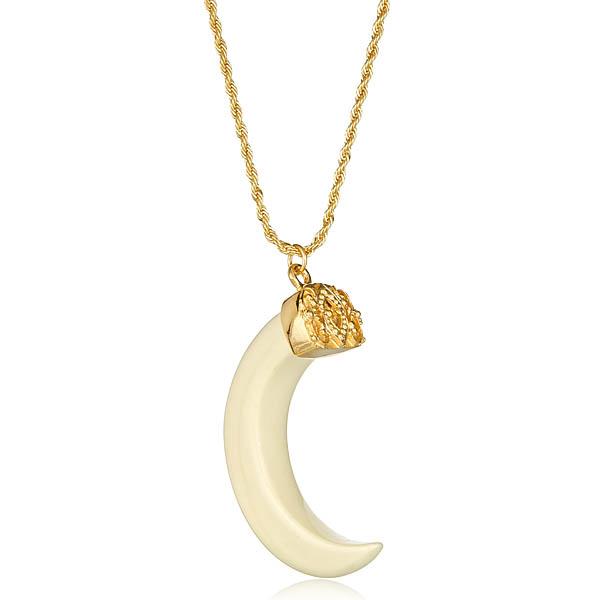 Kenneth Jay Lane Faux Ivory Horn Necklace  Pendant in Resin with Gold Rope Chain 