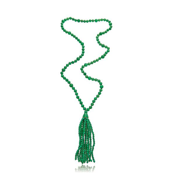Kenneth Jay Lane Beaded Green Jade Tassel Necklace with Green enamel topper