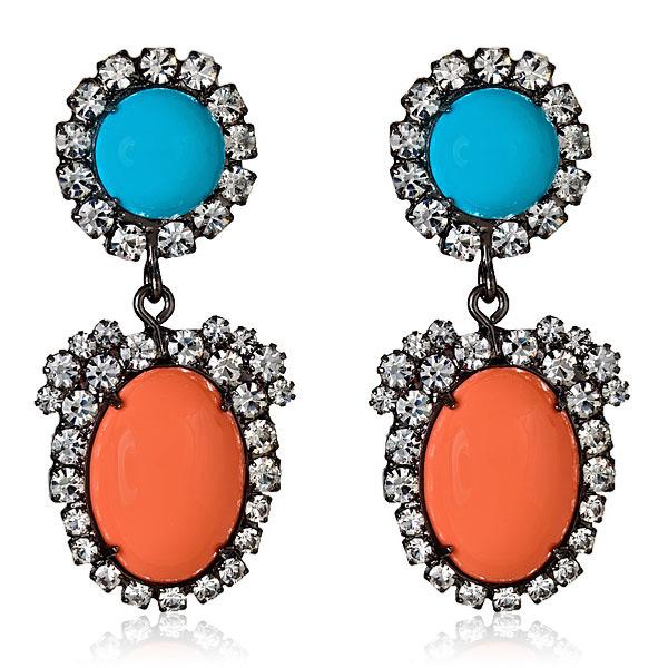 Kenneth Jay Lane Coral Turquoise Cabochon Pave Drop Earrings in Gunmetal