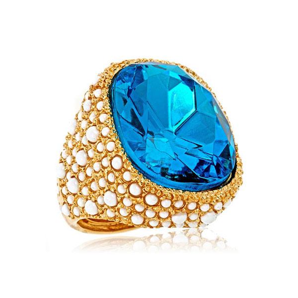 Kenneth Jay Lane Aqua Cocktail Ring with Aqua Blue stone and White cabochons