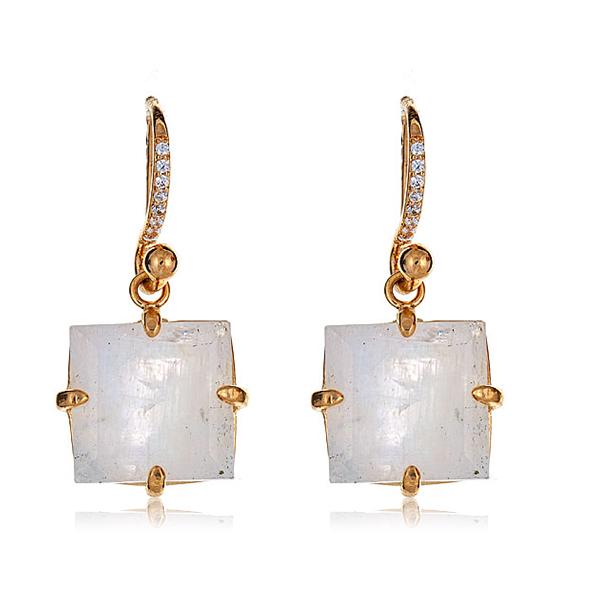 Bounkit Moonstone Drop Earrings in square shape with pave detail on fish hook back