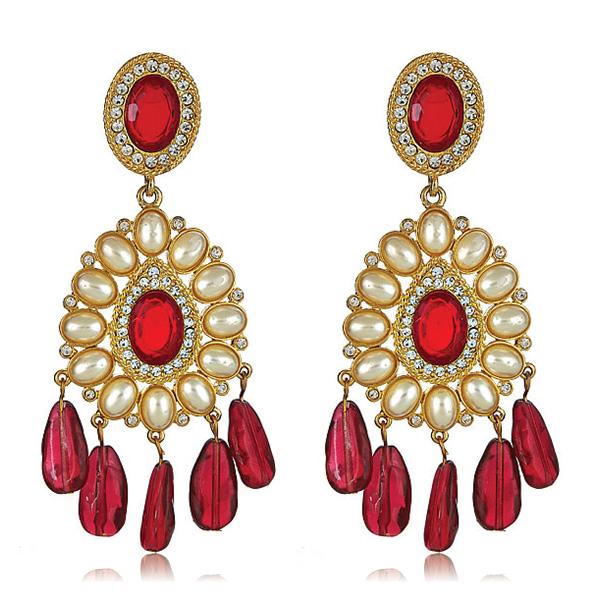 Kenneth Jay Lane Ruby Pearl and Crystal Chandelier Earrings in clip ons
