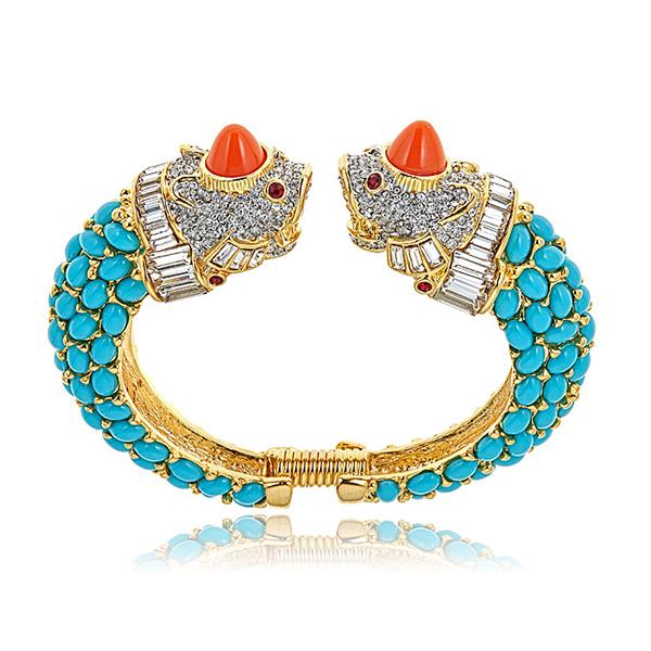 Kenneth Jay Lane Turquoise Cabochon Koi Fish Head Bangle Bracelet with coral and crystal head