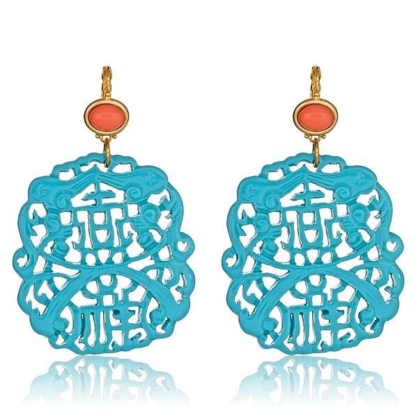 Kenneth Jay Lane Turquoise Carved Earrings in Resin with Coral Topper