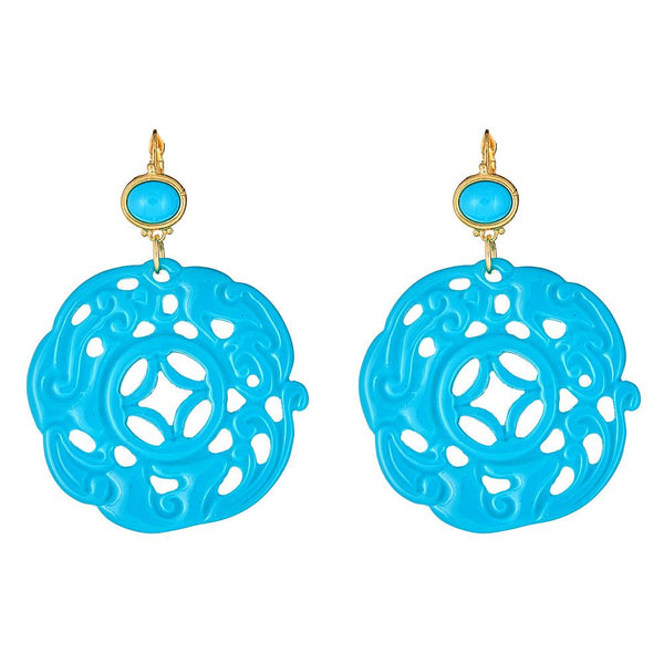 Kenneth Jay Lane Turquoise Carved Circle Earrings with turquoise topper