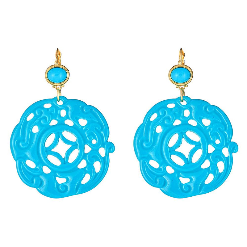 Kenneth Jay Lane Turquoise Carved Circle Earrings with turquoise topper