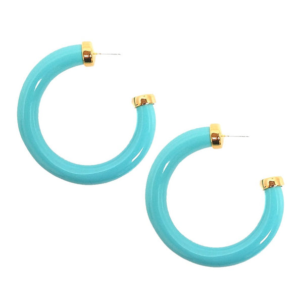 Kenneth Jay Lane Large Turquoise Hoop Earrings with gold tops in resin c tube hoop