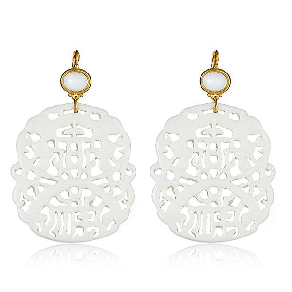 Kenneth Jay Lane White Carved Earrings with white topper